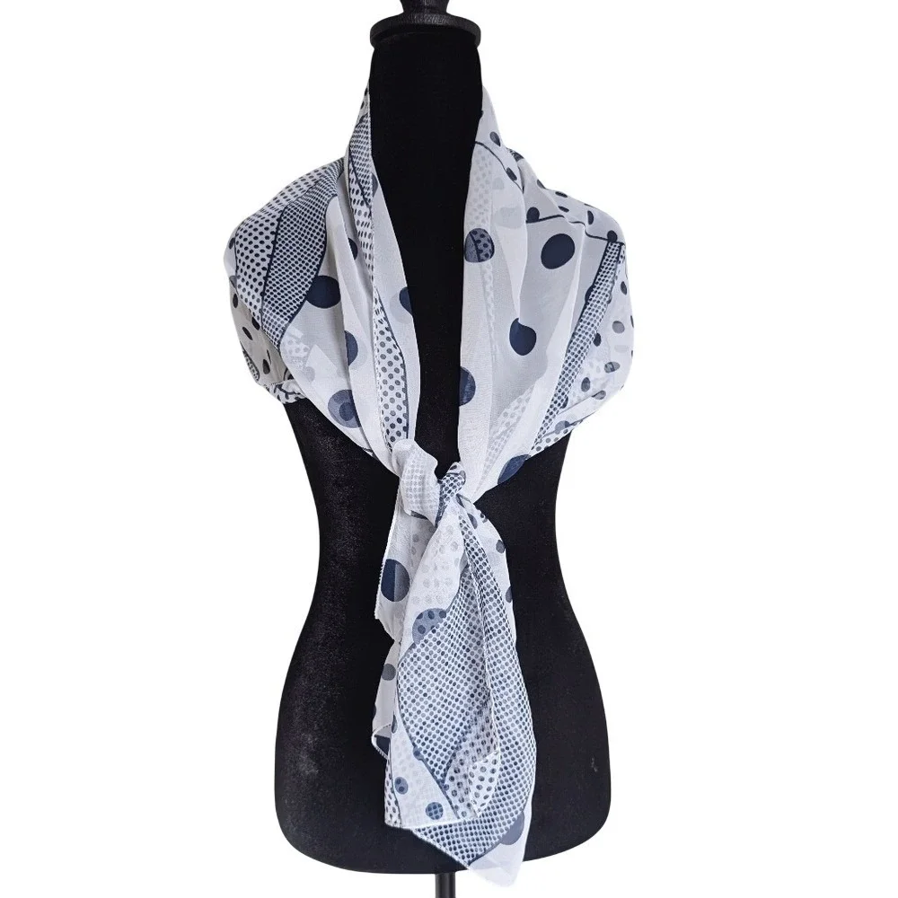 Vintage 90s Maximalism Romantic Navy Blue Geometric Polka Dot Sheer Silk Scarf